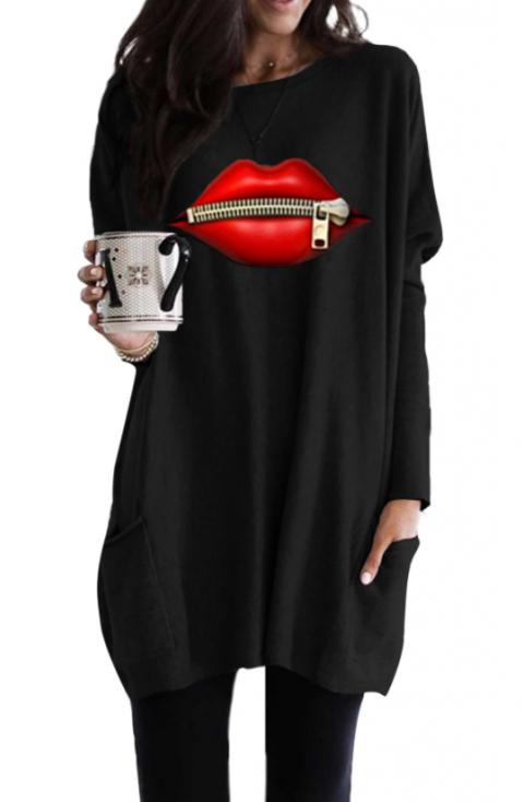 LONG SLEEVED TUNIC WITH PRINT AND POCKETS SIONA, BLACK