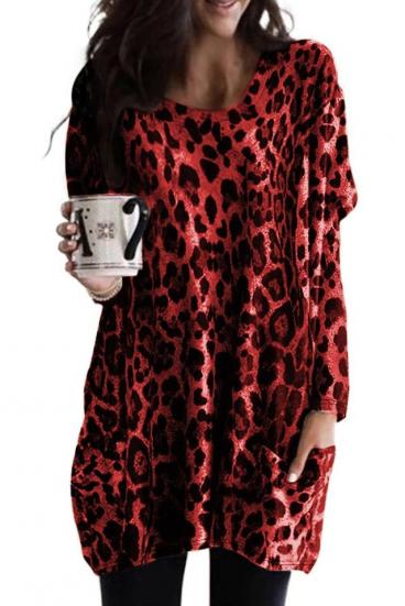 DELANEY LEOPARD PRINT LONG SLEEVE FASHION TUNIC, RED