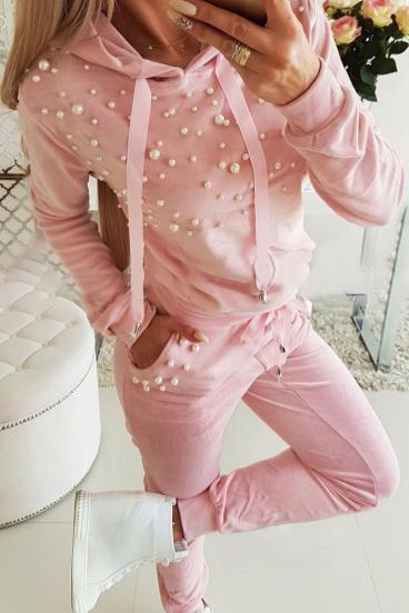 TINSELY PEARL DETAIL HOODED TRACKSUIT SET, PINK