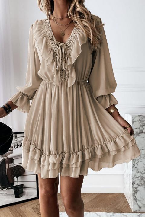 ELEGANT MINI DRESS WITH "V" NECKLINE WITH LACE DETAIL AND RUFFLES CLEMENTINA, BEIGE