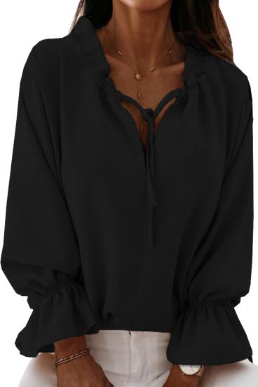 STYLISH LOOSE FIT BLOUSE WITH DRAWSTRED RUFFLED NECK AND V-NECK ALONZA, BLACK