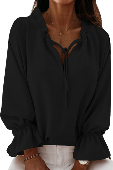 STYLISH LOOSE FIT BLOUSE WITH DRAWSTRED RUFFLED NECK AND V-NECK ALONZA, BLACK
