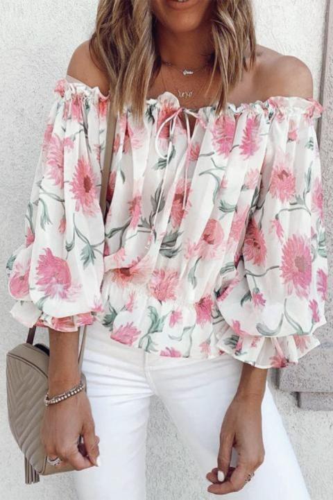 ELEGANT BLOUSE WITH OFF THE SHOULDERS, RUFFLES AND DILEMA FLOWER PRINT, WHITE