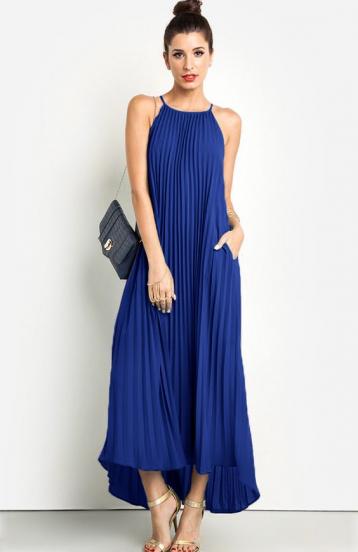 Sleeveless pleated maxi dress Idella, blue