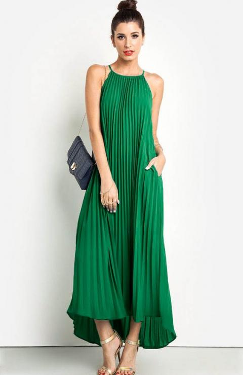 Sleeveless pleated maxi dress Idella, green