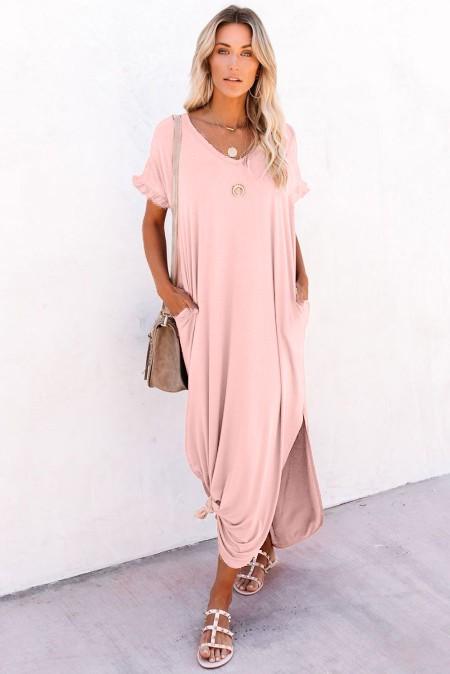 Loose-fit long dress, V-neckline, short sleeves with ruffles and Mandelina cut-outs, pink