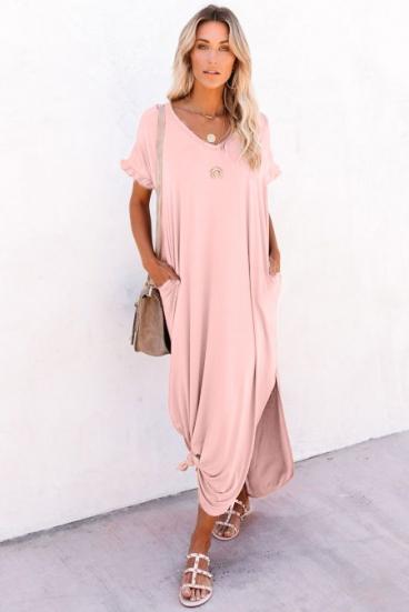 Loose-fit long dress, V-neckline, short sleeves with ruffles and Mandelina cut-outs, pink