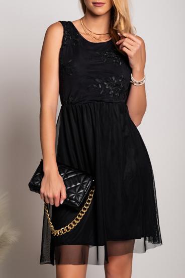 Elegant dress with round neckline and Dilana embroidery detail, black