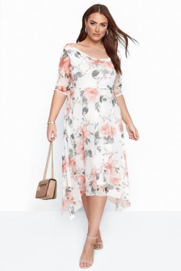 Theine Floral Print Short Sleeve Midi Dress With Loose Skirt, White