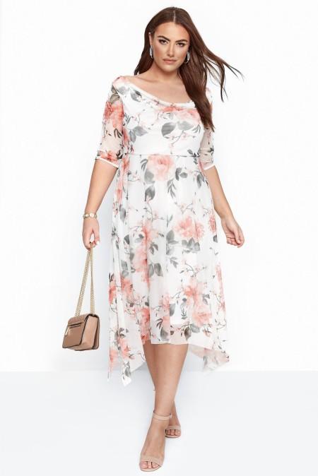 Theine Floral Print Short Sleeve Midi Dress With Loose Skirt, White