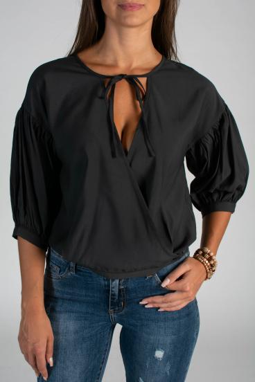 Blouse with crossed neckline and short sleeves in Carmelita piled fabric, black