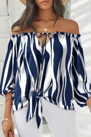 Loose-fit blouse with bateau neckline with drawstring Inessa, blue and white