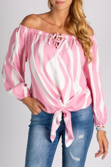 Loose-fit blouse with bateau neckline with drawstring Inessa, white and pink