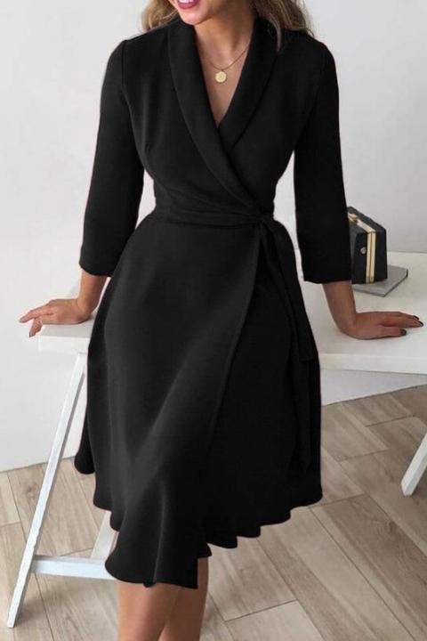 Elegant wrap neckline dress with lapel collar and 3/4 sleeves Imogena, black