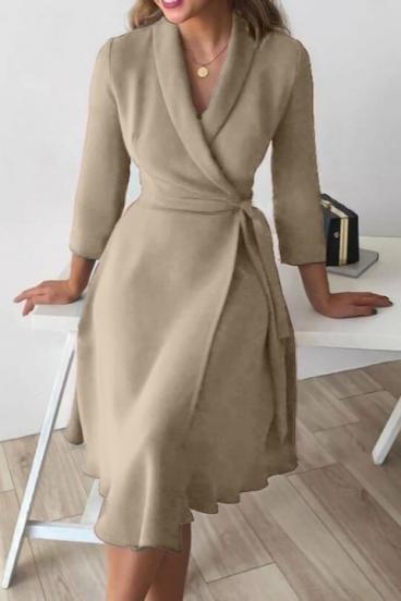Elegant dress with wrap neckline, lapel collar and 3/4 sleeves Imogena, beige