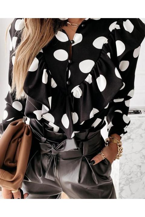 Elegant blouse with polka dot print and decorative ruffles Roma, black