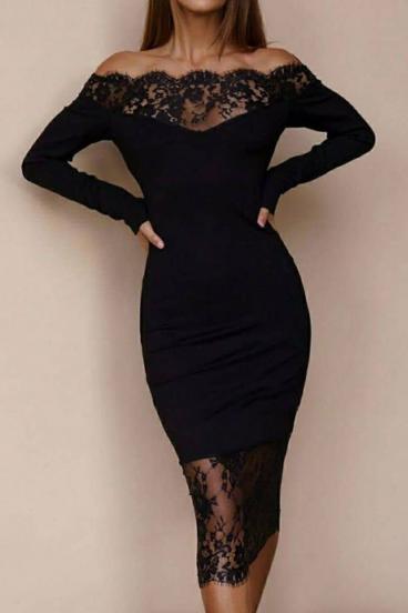 Elegant midi dress with long sleeves and sheer lace detail Avignon, black