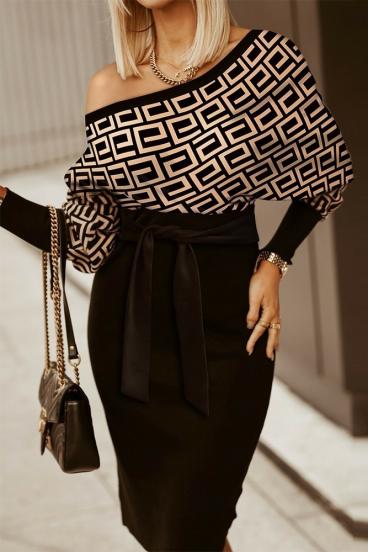 Elegant midi dress with geometric print and bateau neckline Serenna, black