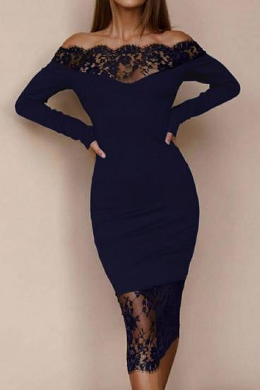 Elegant midi dress with long sleeves and sheer lace detail Avignon, dark blue