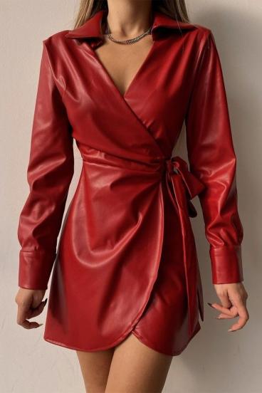 Elegant Pellita Lapel Neck Faux Leather Mini Dress, Red