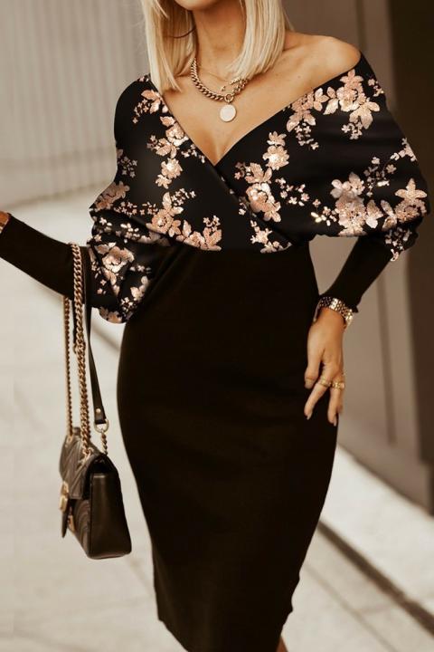 Elegant midi dress with floral print and crossover neckline Xarema, black