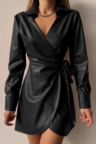 Elegant Pellita Lapel Neck Faux Leather Mini Dress, Black