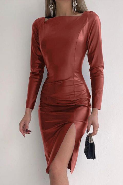 Elegant faux leather mini dress with slit Urania, burgundy