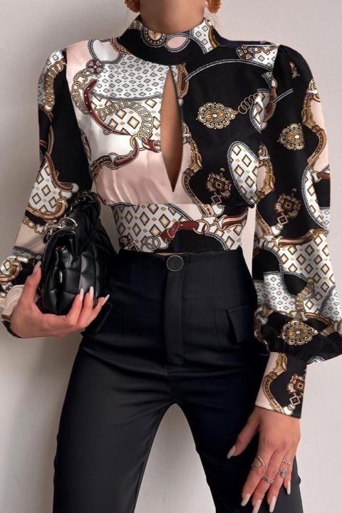 Elegant blouse with Diezma print, black - pink
