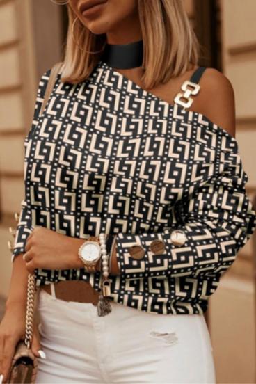 Elegant T-shirt with asymmetrical neckline and Mathilde geometric print, black-beige