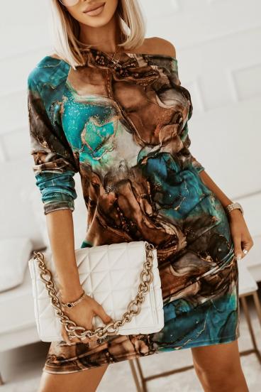 Dominga Long Sleeve Fashion Print Bodycon Mini Dress, Brown-Blue