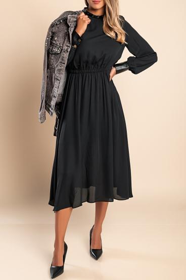 Faux leather Detail Elegant Midi Dress Plana, Black