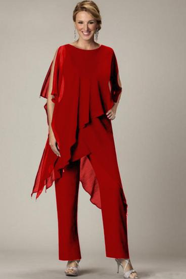 Set of elegant transparent tunic and long pants Claudette, red