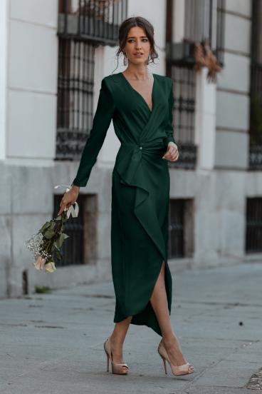 Elegant midi dress with wrap neckline, ruffles and 3/4 sleeves Brynlee, dark green