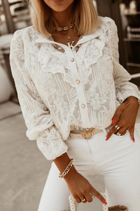 Elegant shirt with embroidery and ruffles Laroya, white