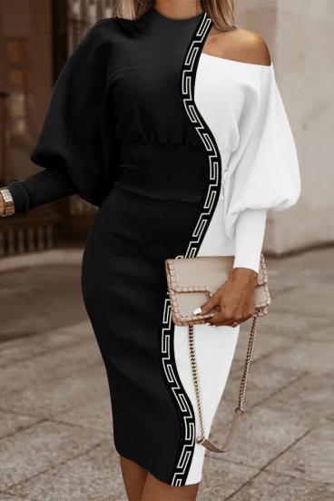 Elegant geometric print midi dress, black and white