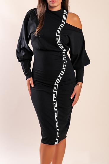 Elegant midi dress with geometric print, black