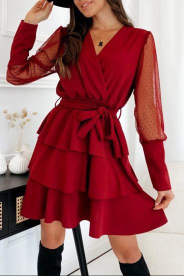 Elegant mini dress with ruffles, burgundy