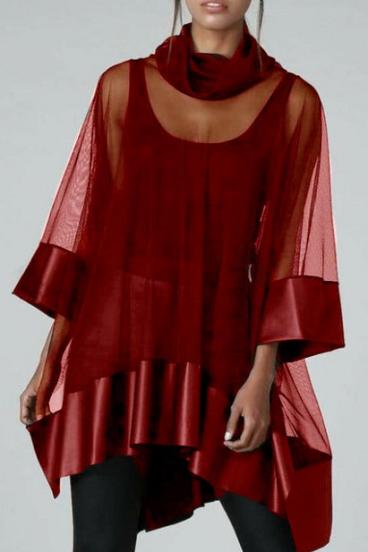 Transparent tunic with artificial leather, burgundy