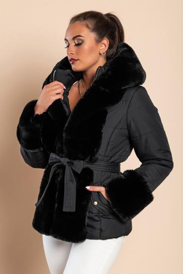 Short padded jacket with faux fur, black