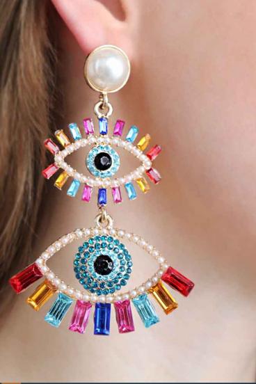 Rhinestone Drop Earrings, ART381, Multicolor