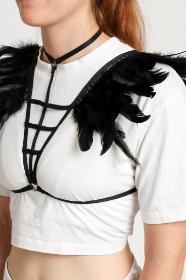 Harness belt - bra made of elastic straps with feathers, ART2294, black