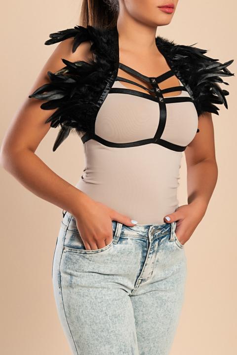 Elastic strap bra with feathers, black