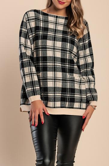 Soft sweater with plaid print, black and beige