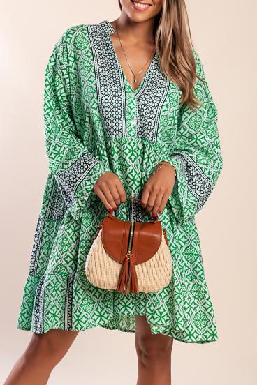 Printed cotton mini dress, green
