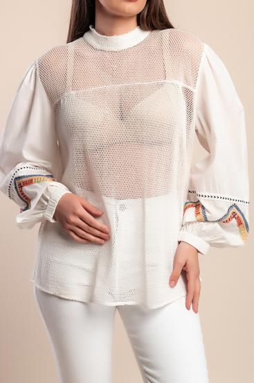 Cotton mesh blouse, white