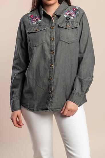 Plus size denim shirt with embroidery, gray