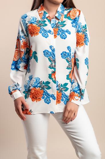 Plus size blouse with floral print, white