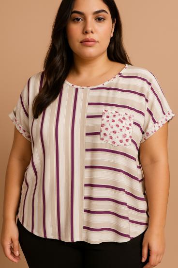 Plus size top with striped print, beige