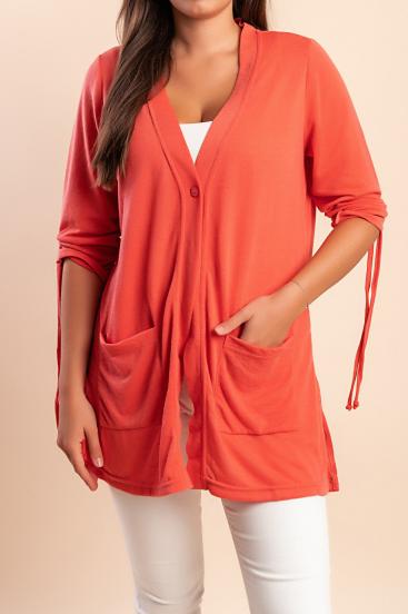 Plus size cardigan with buttons, coral
