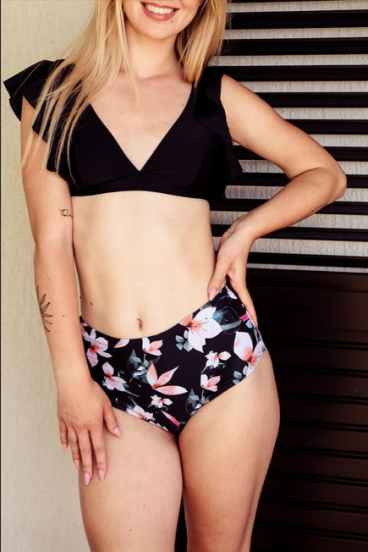 Two-piece swimsuit with ruffles, black